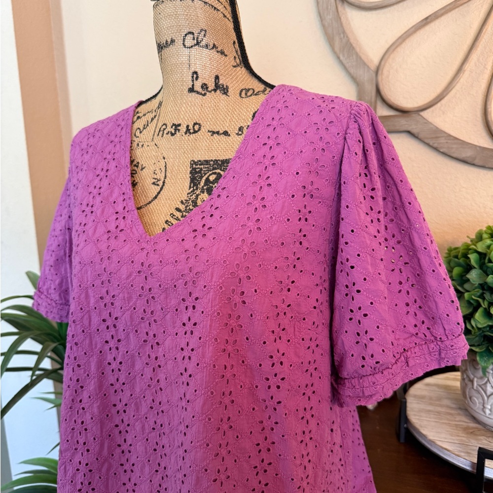Draper James Purple Eyelet V-Neck Blouse - Picture 2 of 14